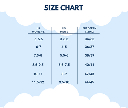 CloudSlides™ size chart showing women’s and men’s size conversions to help customers find the perfect fit for their sandals.